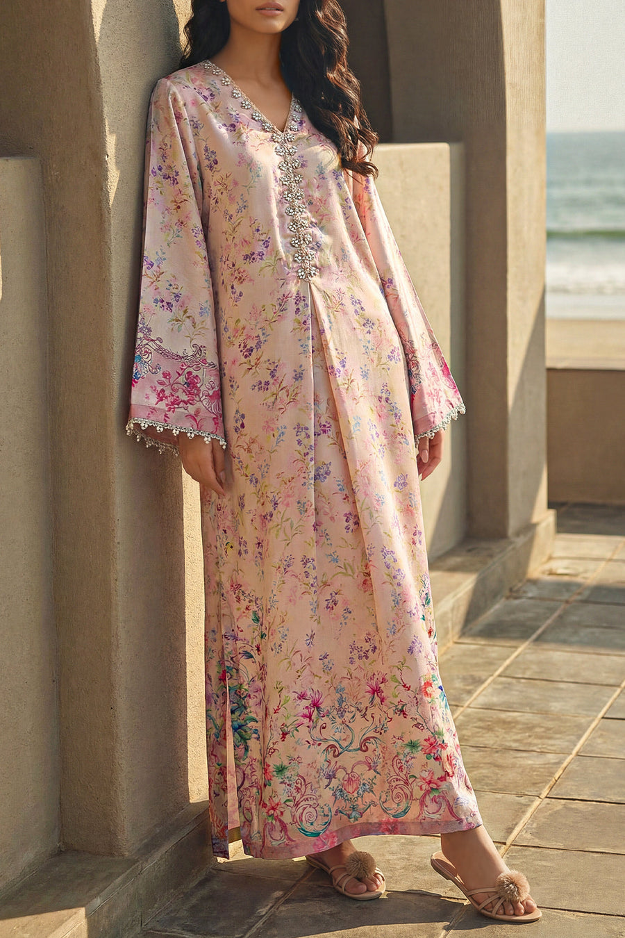 Printed Kaftaan Shamose Silk Stitched Dress - Pehnaawaa