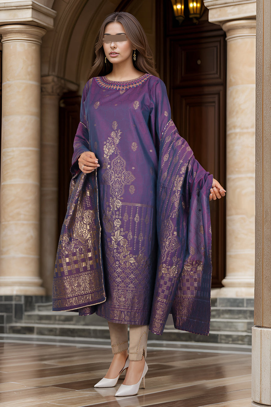 Embroidered Cotton Jacquard Stitched 2 Piece (Shirt/Dupatta) - Pehnaawaa