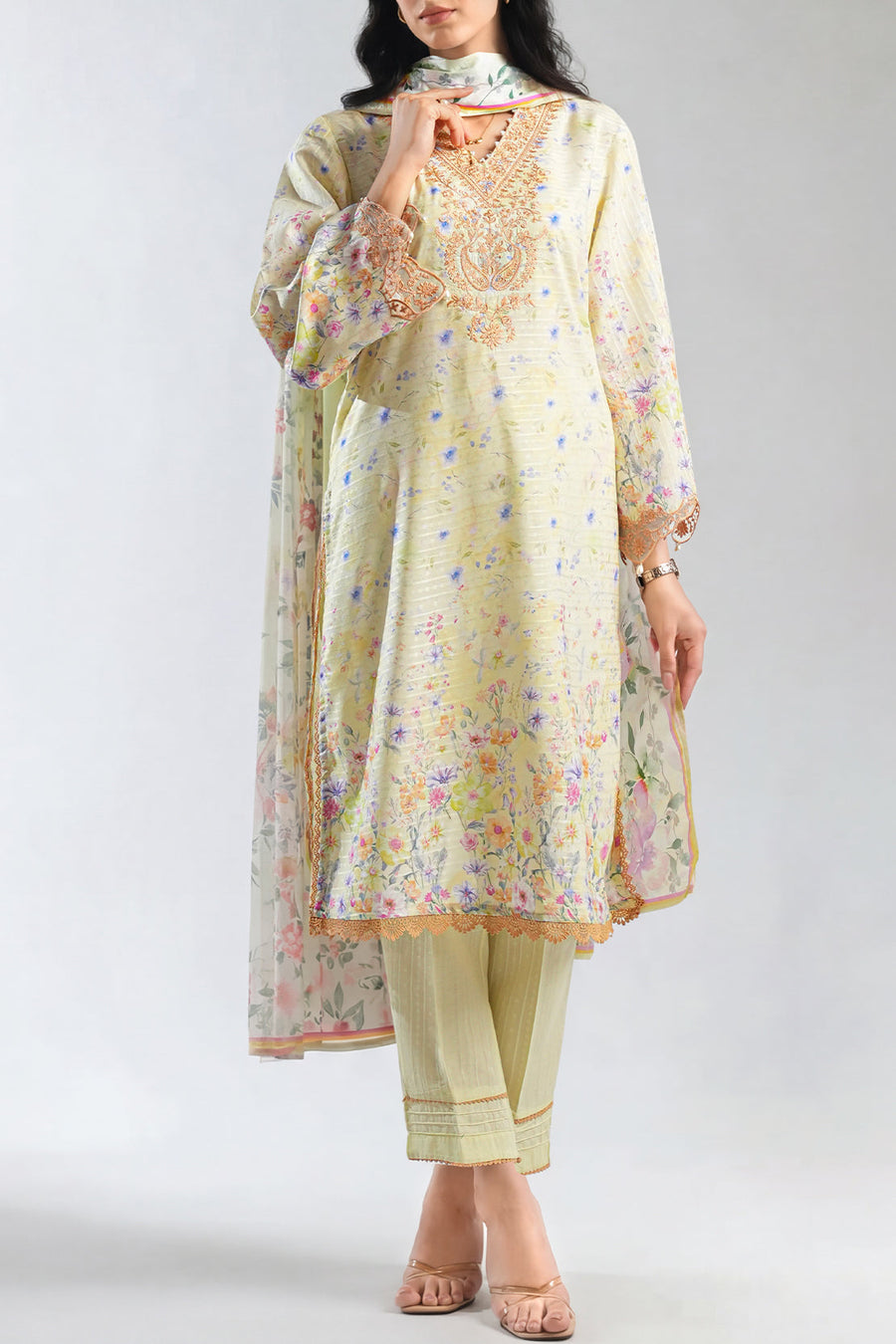 Printed Embroidered Cotton Jacquard Stitched 2 Piece (Shirt/Dupatta) - Pehnaawaa