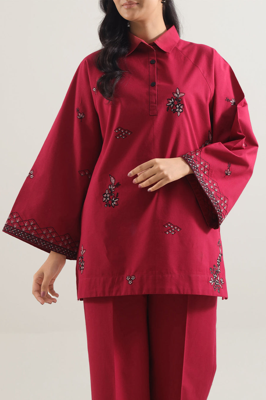 Solid Embroidered Poplin Stitched 2 piece (Shirt/Trouser) - Pehnaawaa