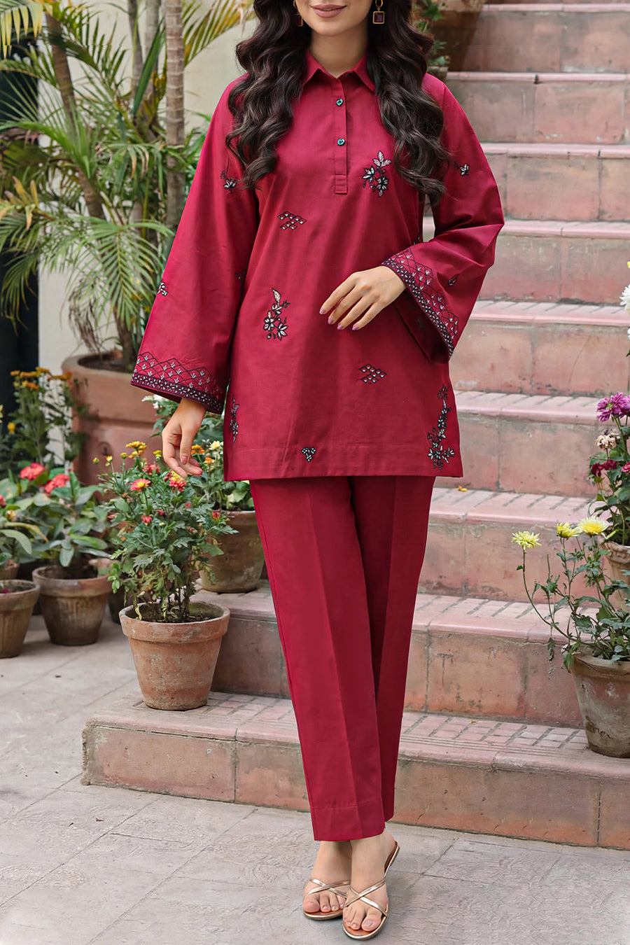 Solid Embroidered Poplin Stitched 2 piece (Shirt/Trouser) - Pehnaawaa