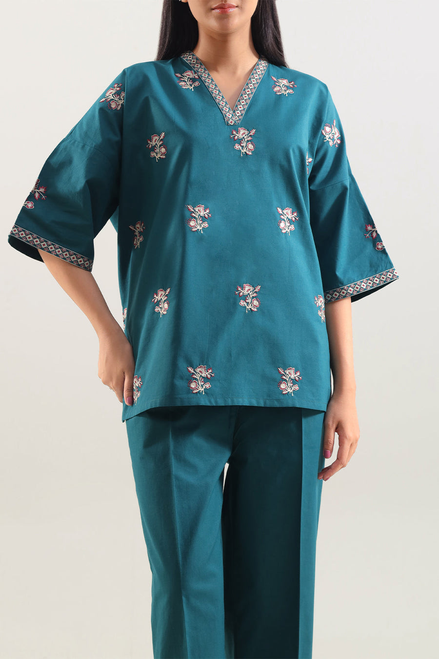 Solid Embroidered Poplin Stitched 2 piece (Shirt/Trouser) - Pehnaawaa