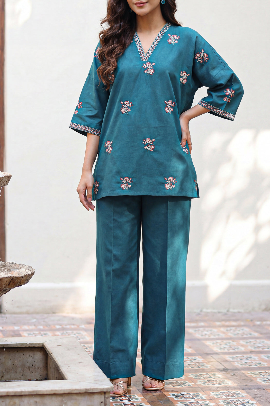 Solid Embroidered Poplin Stitched 2 piece (Shirt/Trouser)
