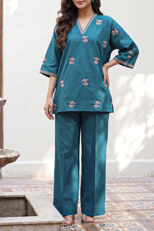Solid Embroidered Poplin Stitched 2 piece (Shirt/Trouser) - Pehnaawaa