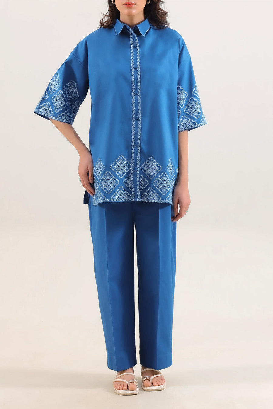 Solid Embroidered Poplin Stitched 2 piece (Shirt/Trouser)