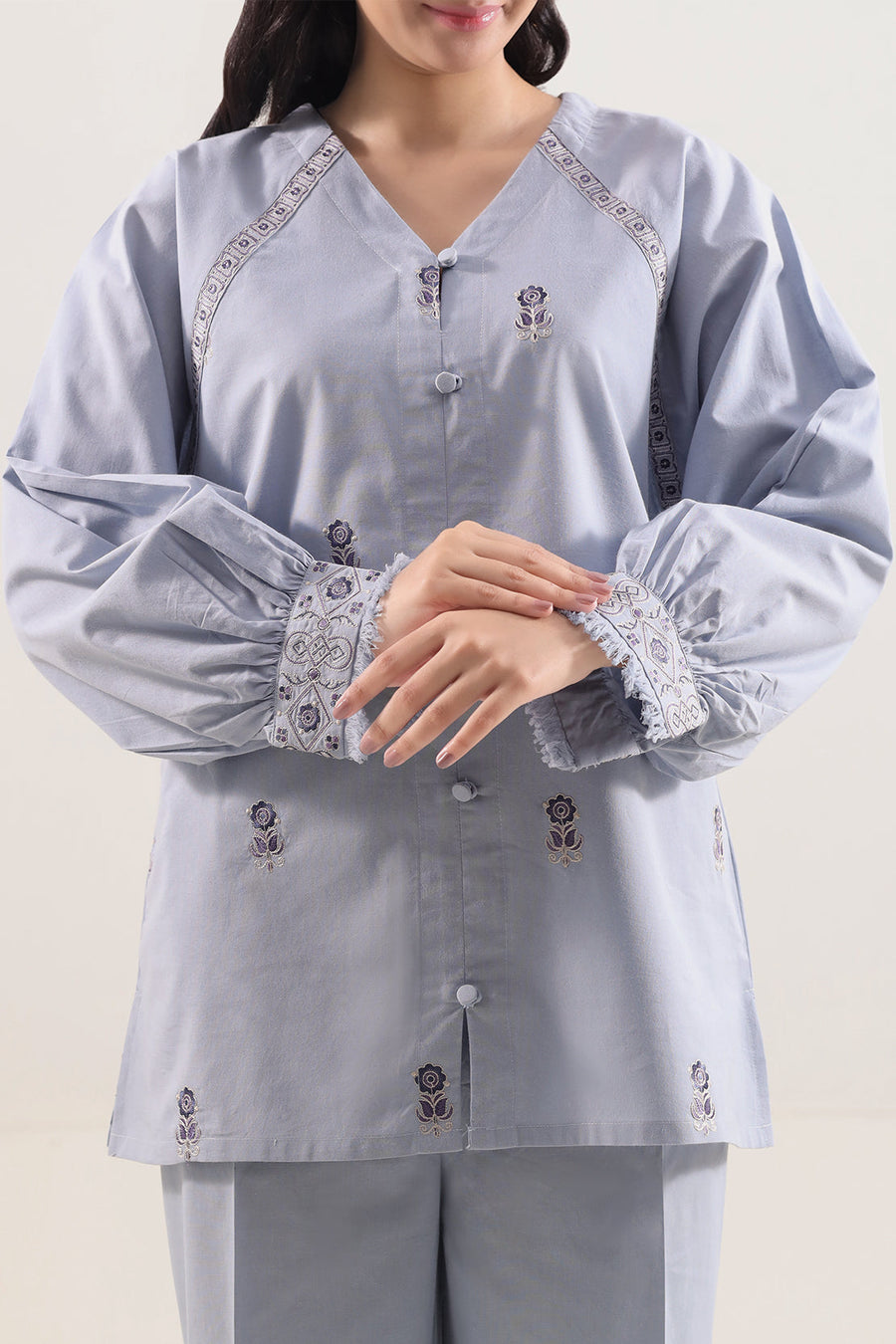 Solid Embroidered Poplin Stitched 2 piece (Shirt/Trouser) - Pehnaawaa
