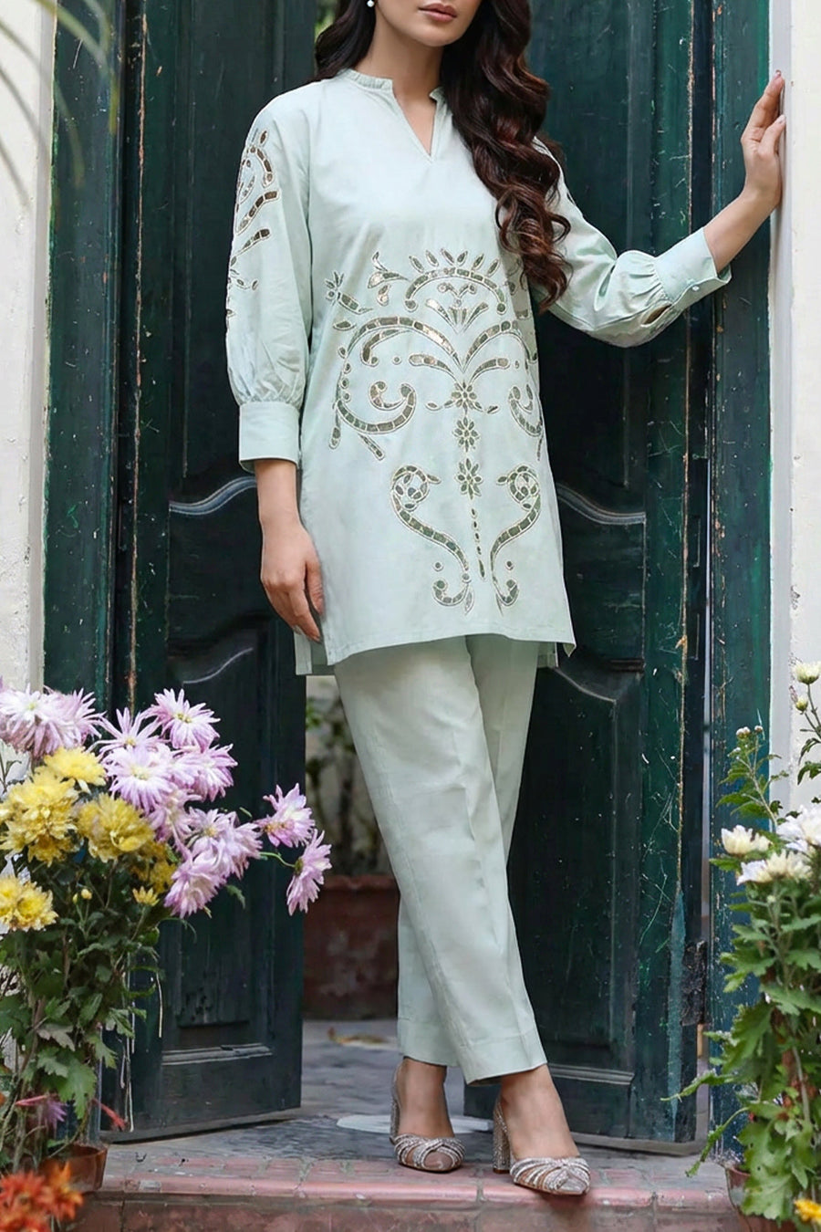 Solid Embroidered Poplin Stitched 2 piece (Shirt/Trouser) - Pehnaawaa