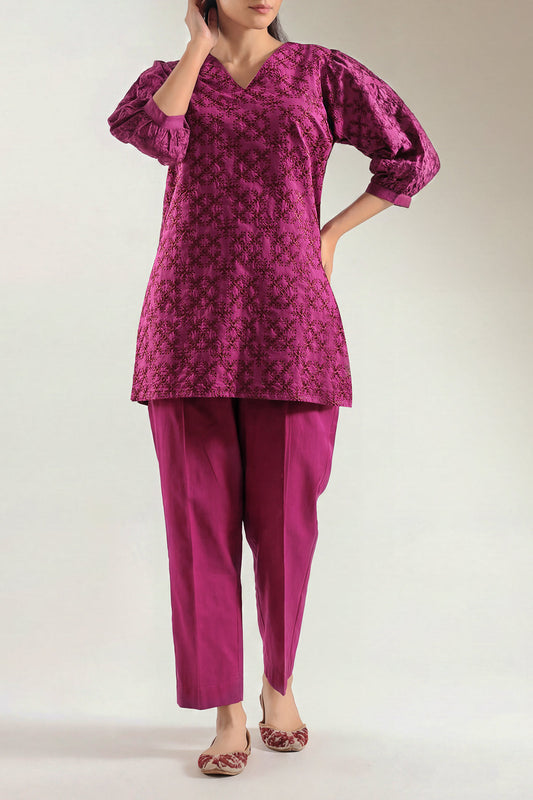Solid Embroidered Poplin Stitched 2 piece (Shirt/Trouser) - Pehnaawaa