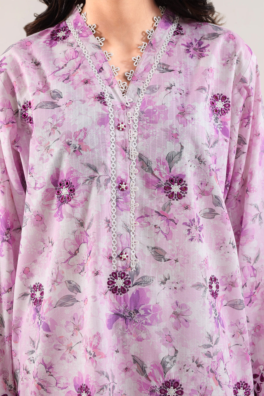 Printed Embroidered Self Strip Lawn Stitched 2 Piece (Shirt/Trouser) - Pehnaawaa