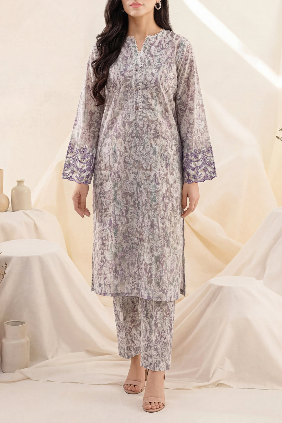 Printed Embroidered Self Strip Lawn Stitched 2 Piece (Shirt/Trouser) - Pehnaawaa