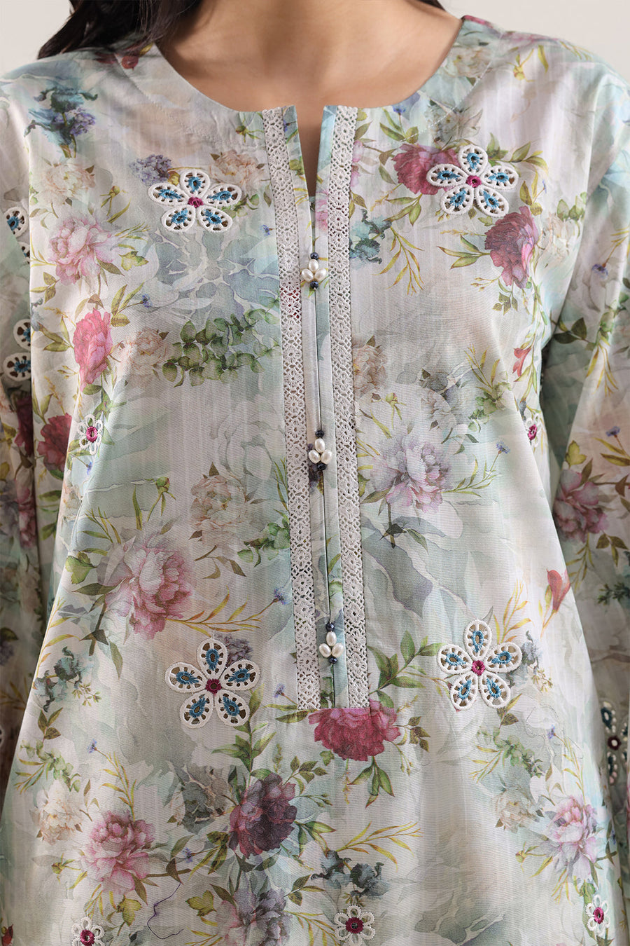 Printed Embroidered Self Strip Lawn Stitched 2 Piece (Shirt/Trouser) - Pehnaawaa