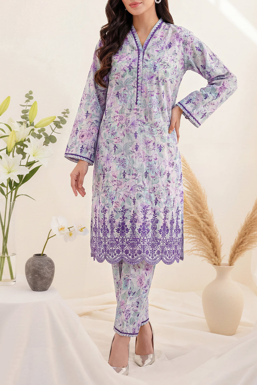 Printed Embroidered Self Strip Lawn Stitched 2 Piece (Shirt/Trouser) - Pehnaawaa