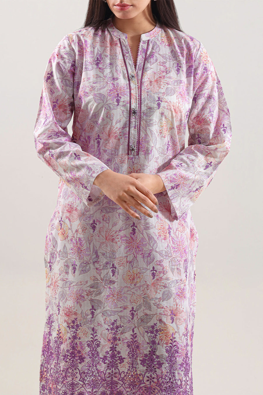 Printed Embroidered Self Strip Lawn Stitched 2 Piece (Shirt/Trouser) - Pehnaawaa