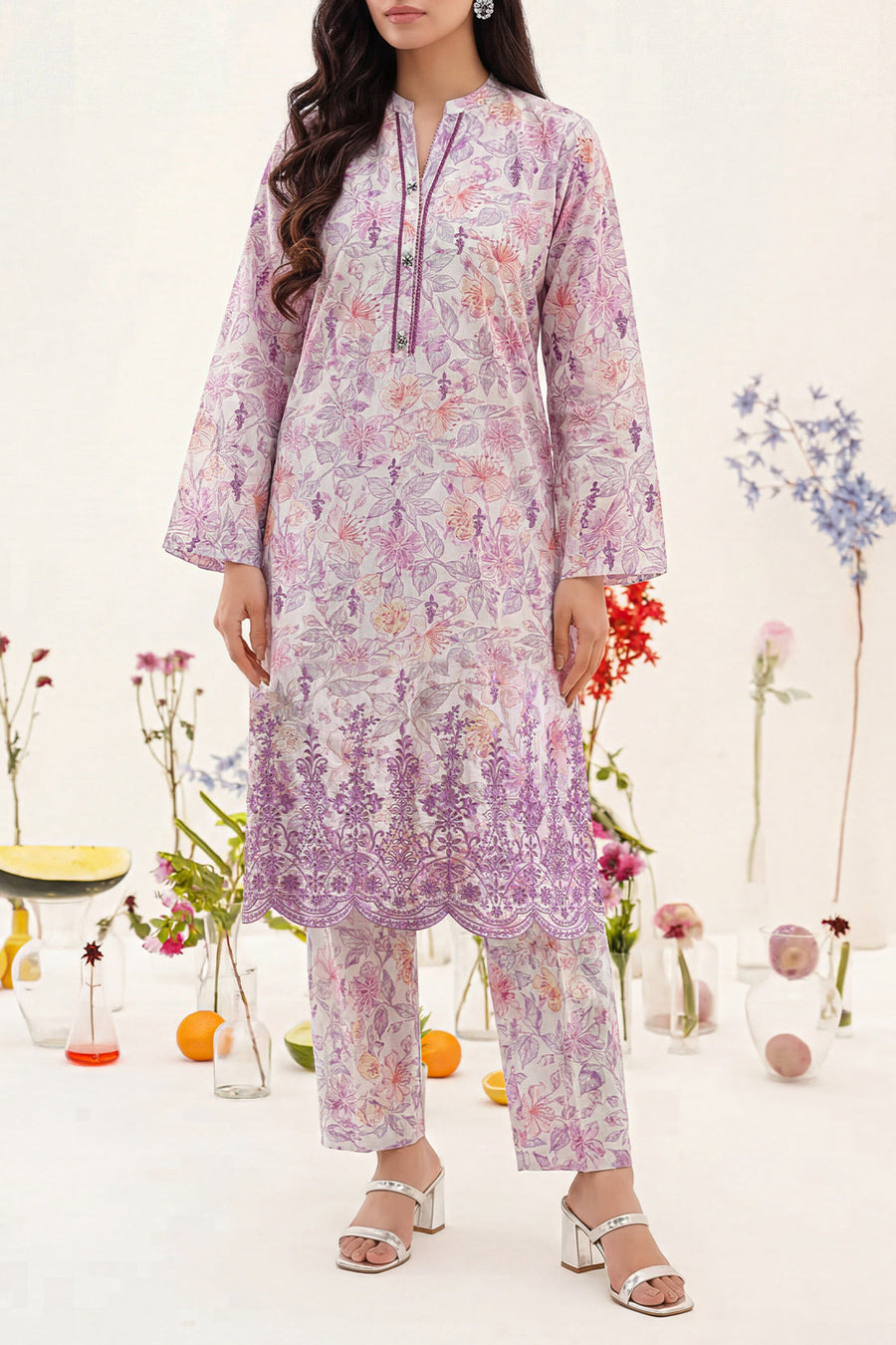 Printed Embroidered Self Strip Lawn Stitched 2 Piece (Shirt/Trouser) - Pehnaawaa