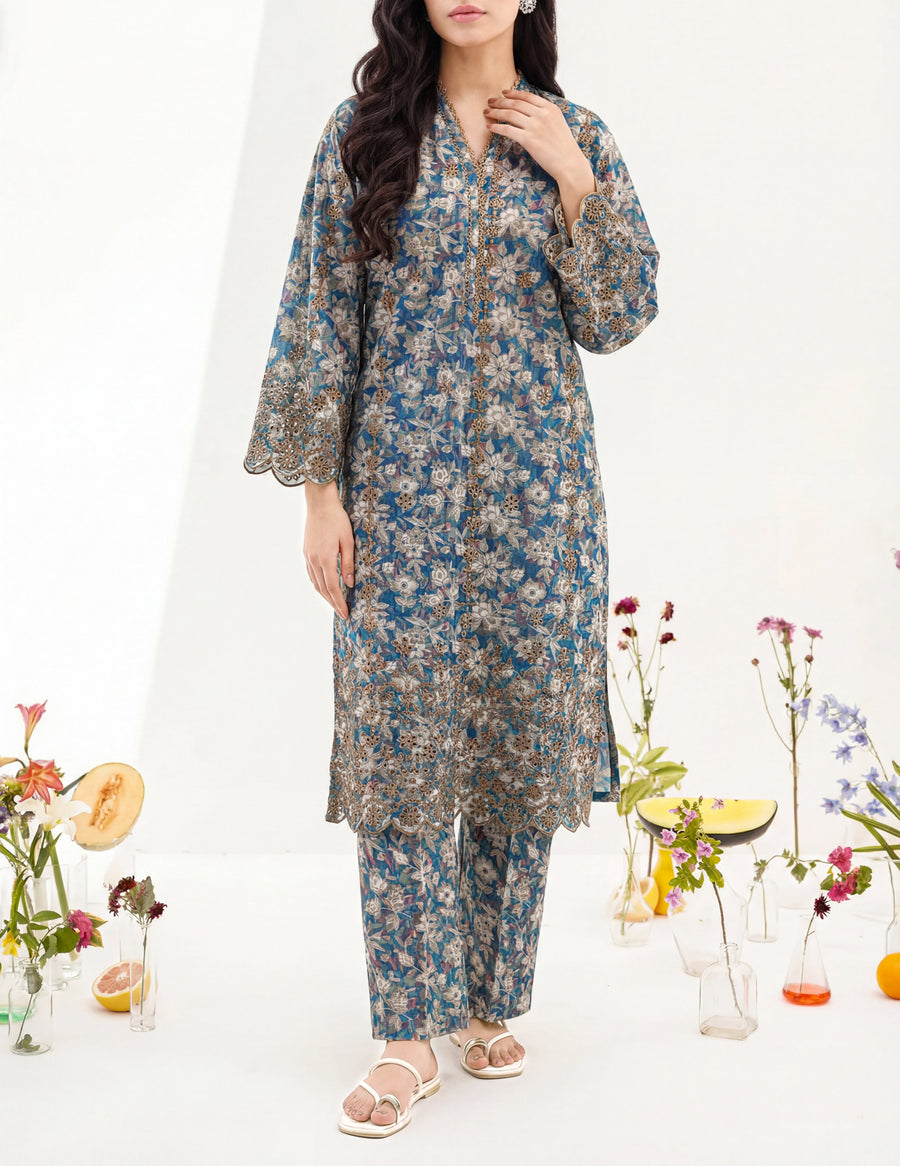 Printed Embroidered Self Strip Lawn Stitched 2 Piece (Shirt/Trouser) - Pehnaawaa