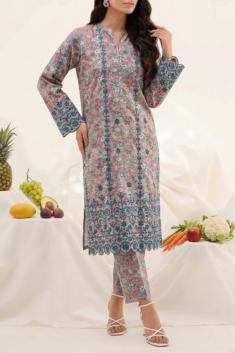 Printed Embroidered Self Strip Lawn Stitched 2 Piece (Shirt/Trouser) - Pehnaawaa