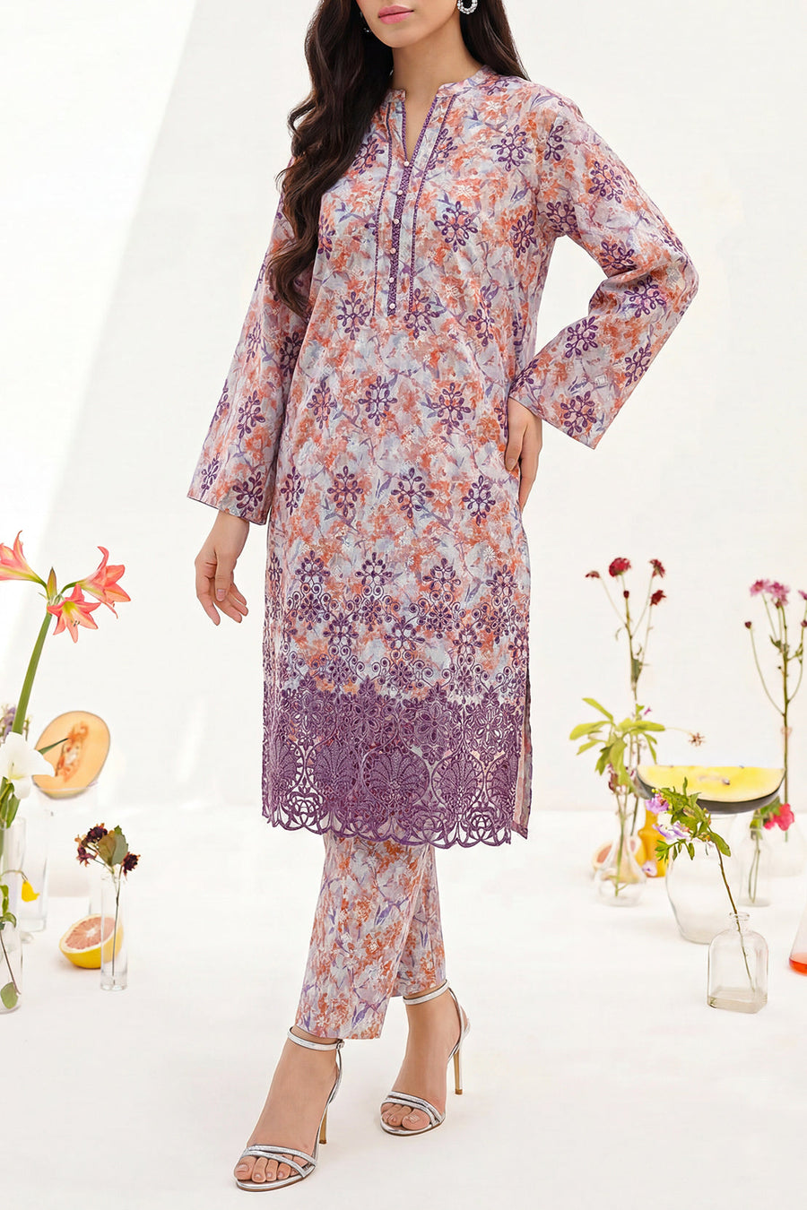 Printed Embroidered Self Strip Lawn Stitched 2 Piece (Shirt/Trouser) - Pehnaawaa