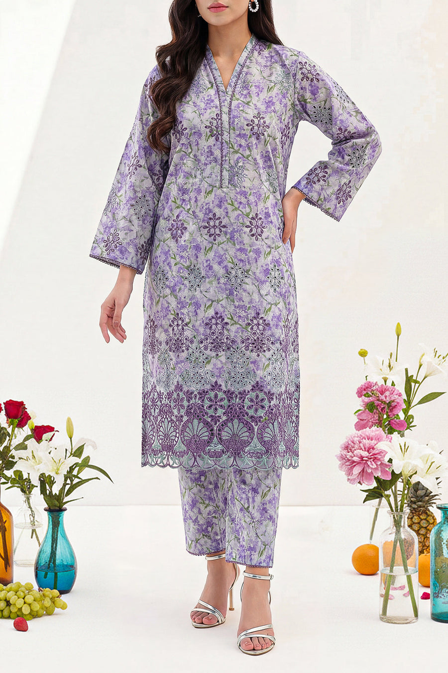Printed Embroidered Self Strip Lawn Stitched 2 Piece (Shirt/Trouser) - Pehnaawaa