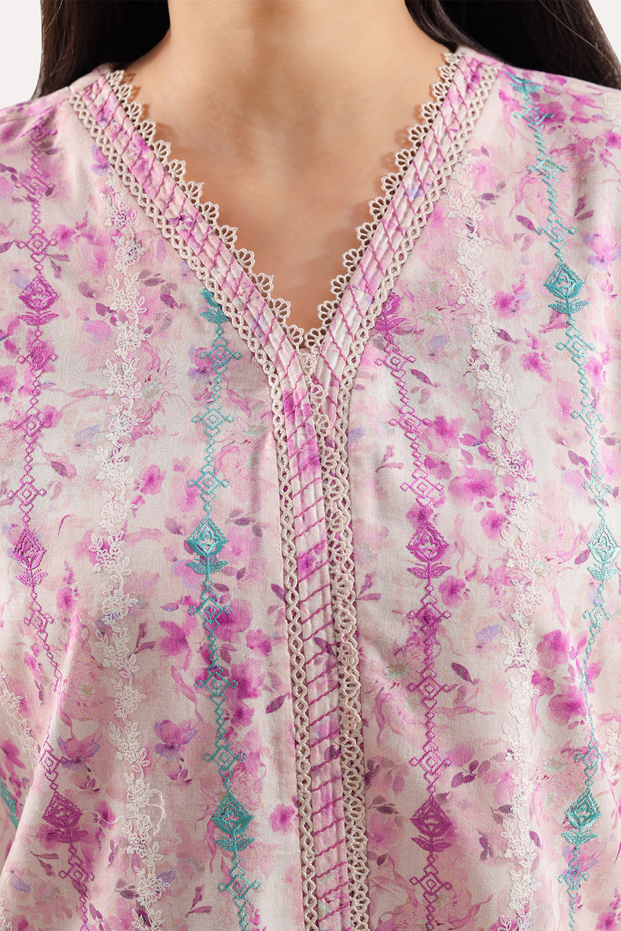 Printed Embroidered Self Strip Lawn Stitched 2 Piece (Shirt/Trouser) - Pehnaawaa