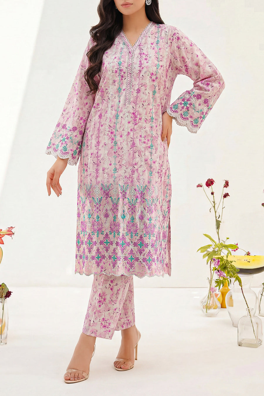 Printed Embroidered Self Strip Lawn Stitched 2 Piece (Shirt/Trouser) - Pehnaawaa