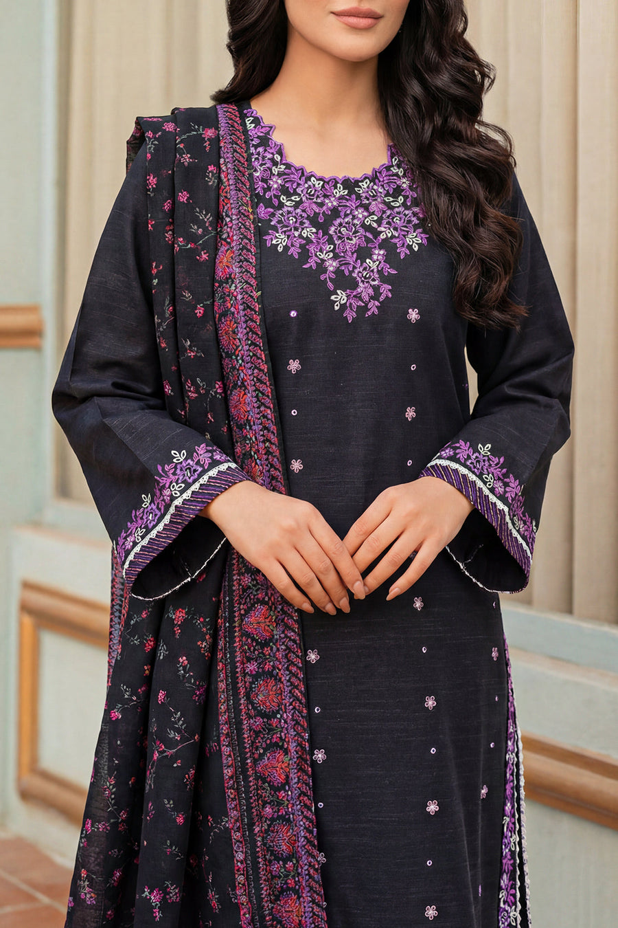 Solid Embroidered Khaddar Stitched 3 Piece - Pehnaawaa
