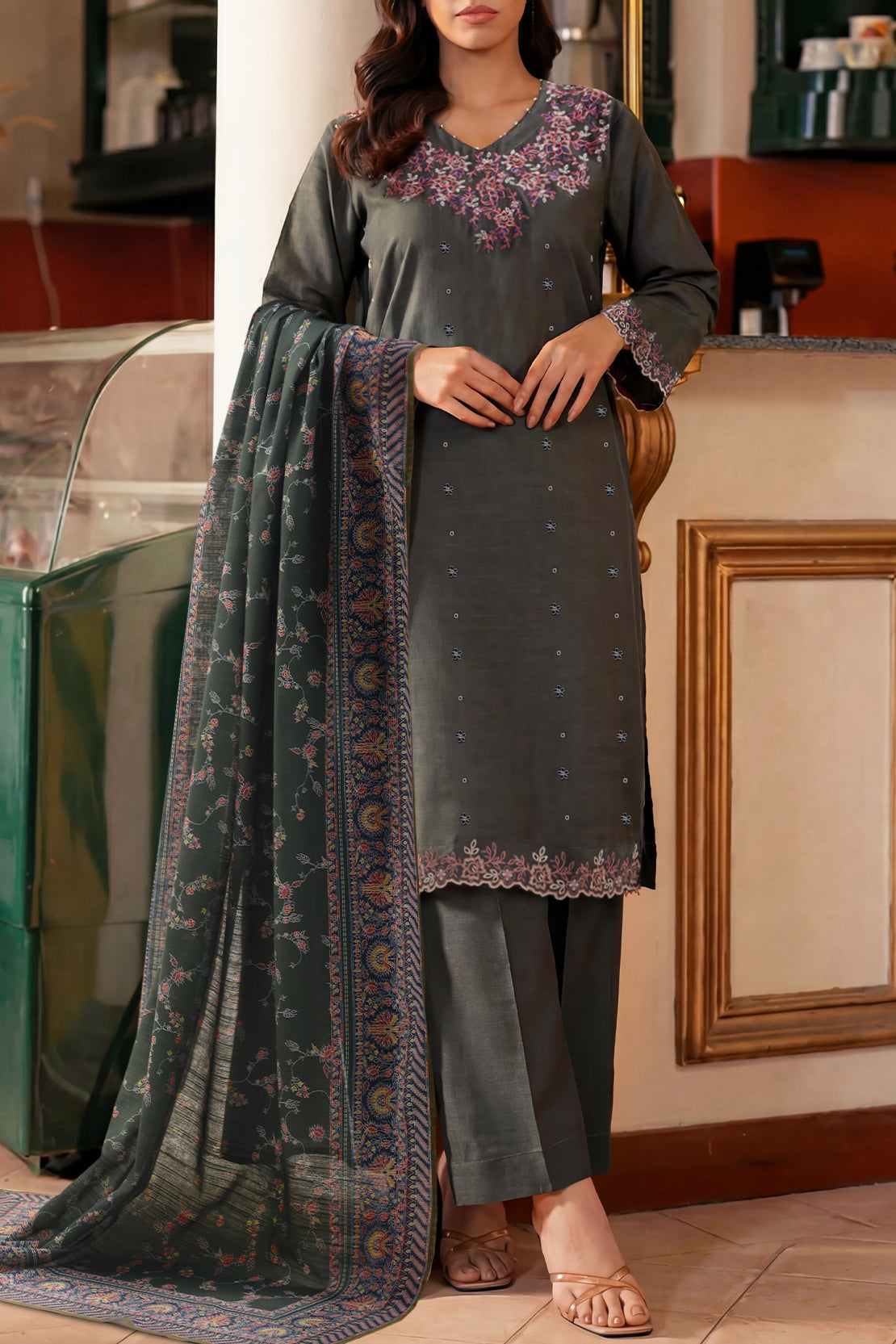 Solid Embroidered Khaddar Stitched 3 Piece