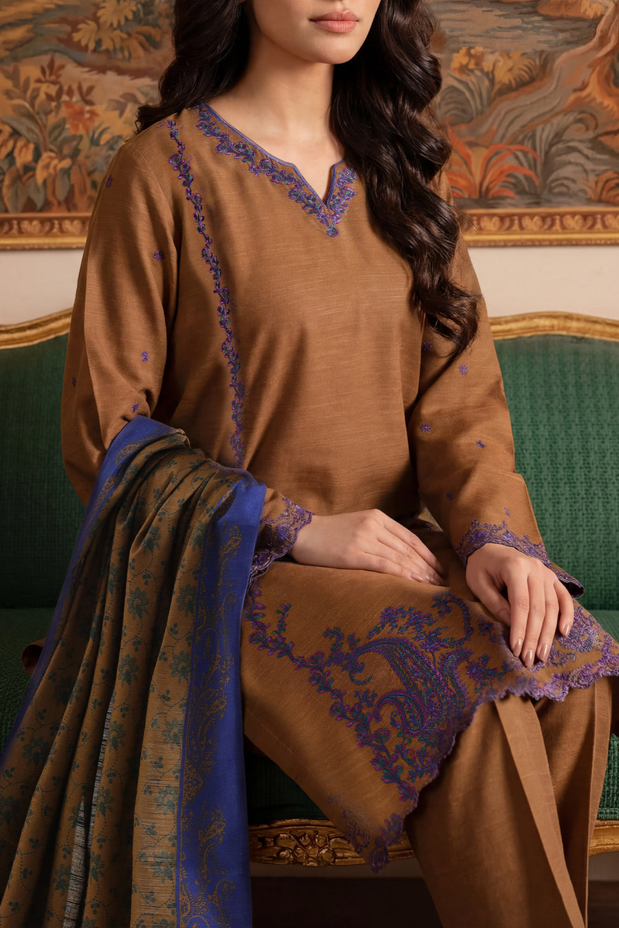 Solid Embroidered Khaddar Stitched 3 Piece - Pehnaawaa