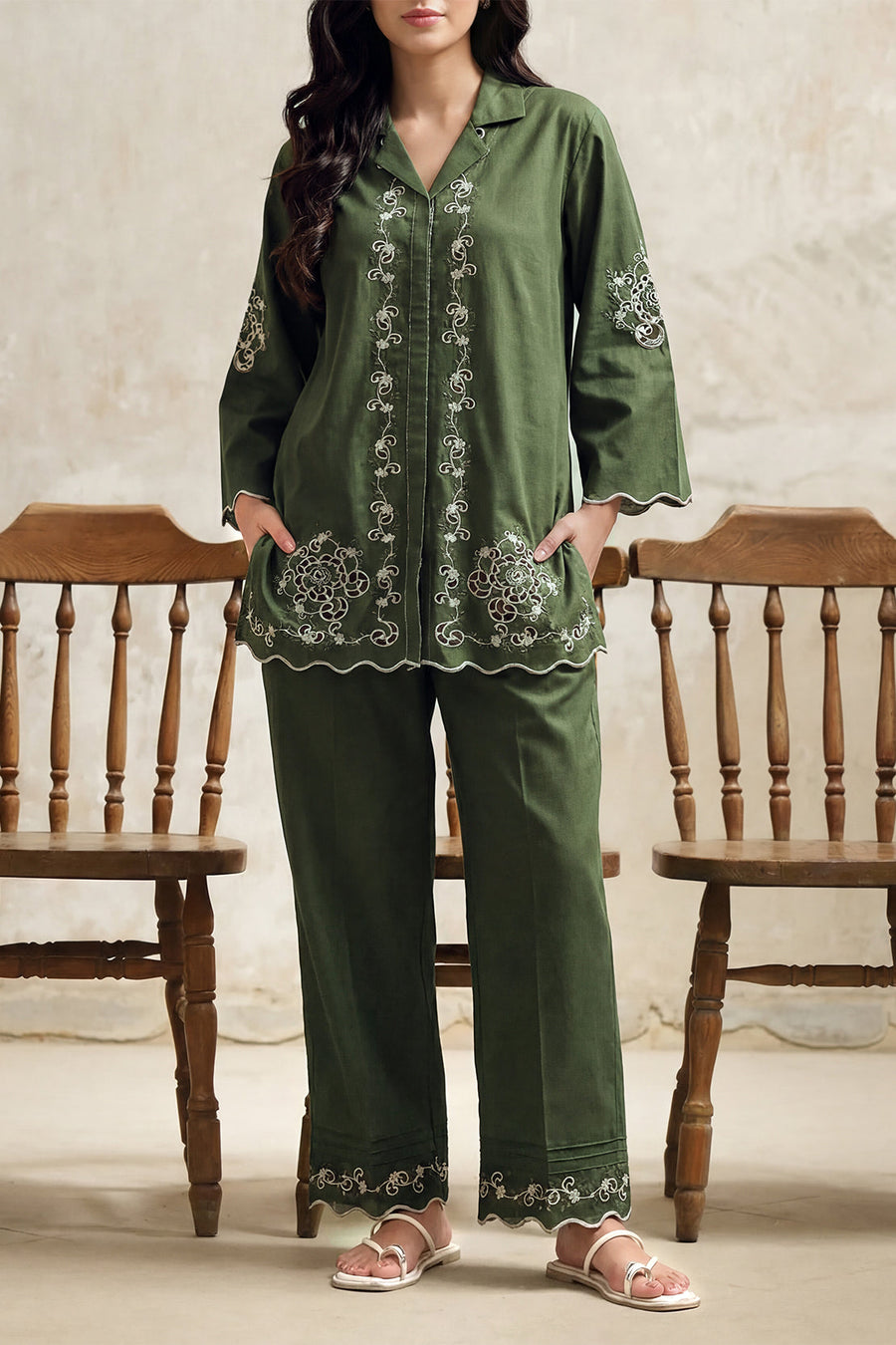 Solid Embroidered Cambric Stitched 2 Piece (Shirt/Trouser) - Pehnaawaa