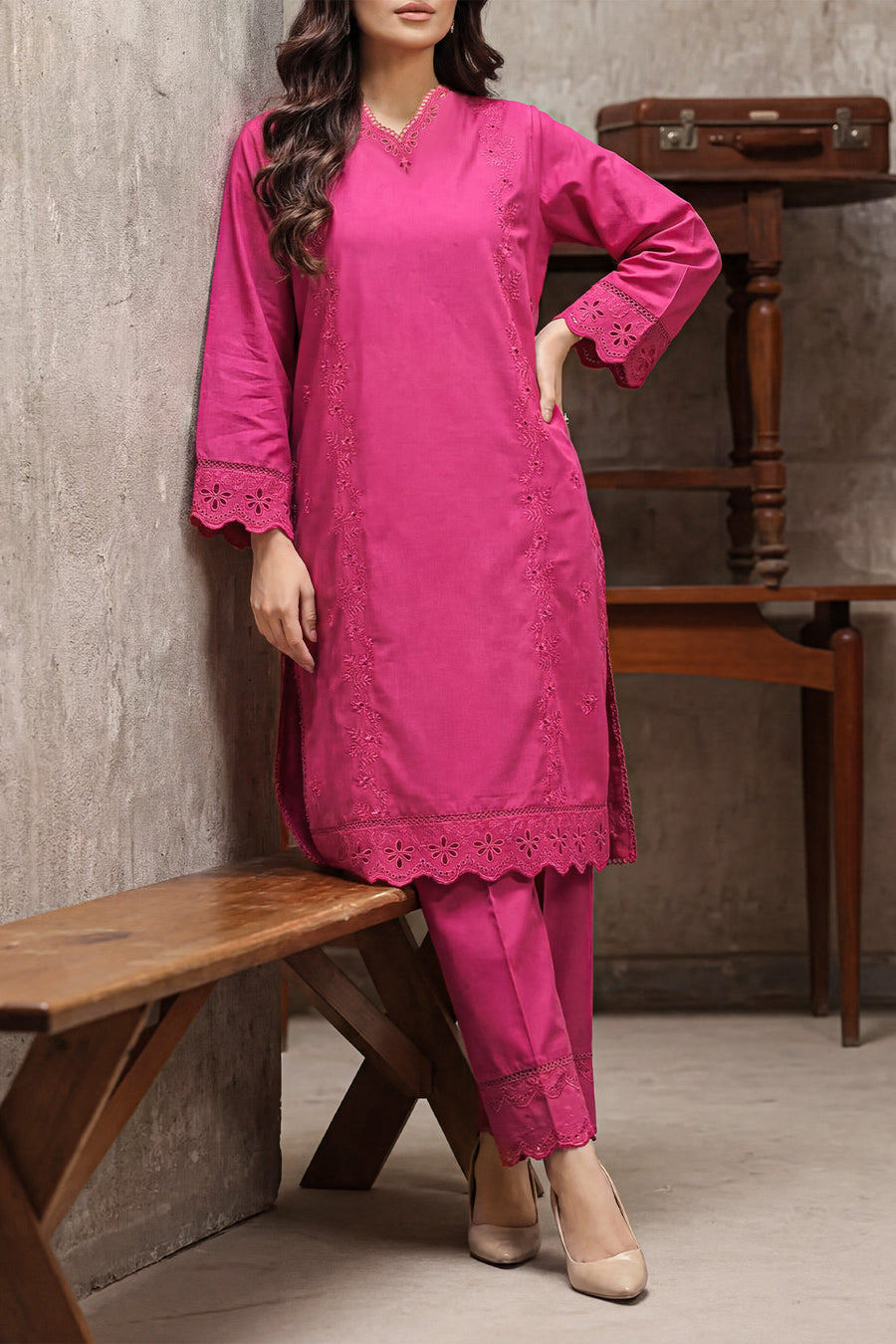 Solid Embroidered Cambric Stitched 2 Piece (Shirt/Trouser) - Pehnaawaa