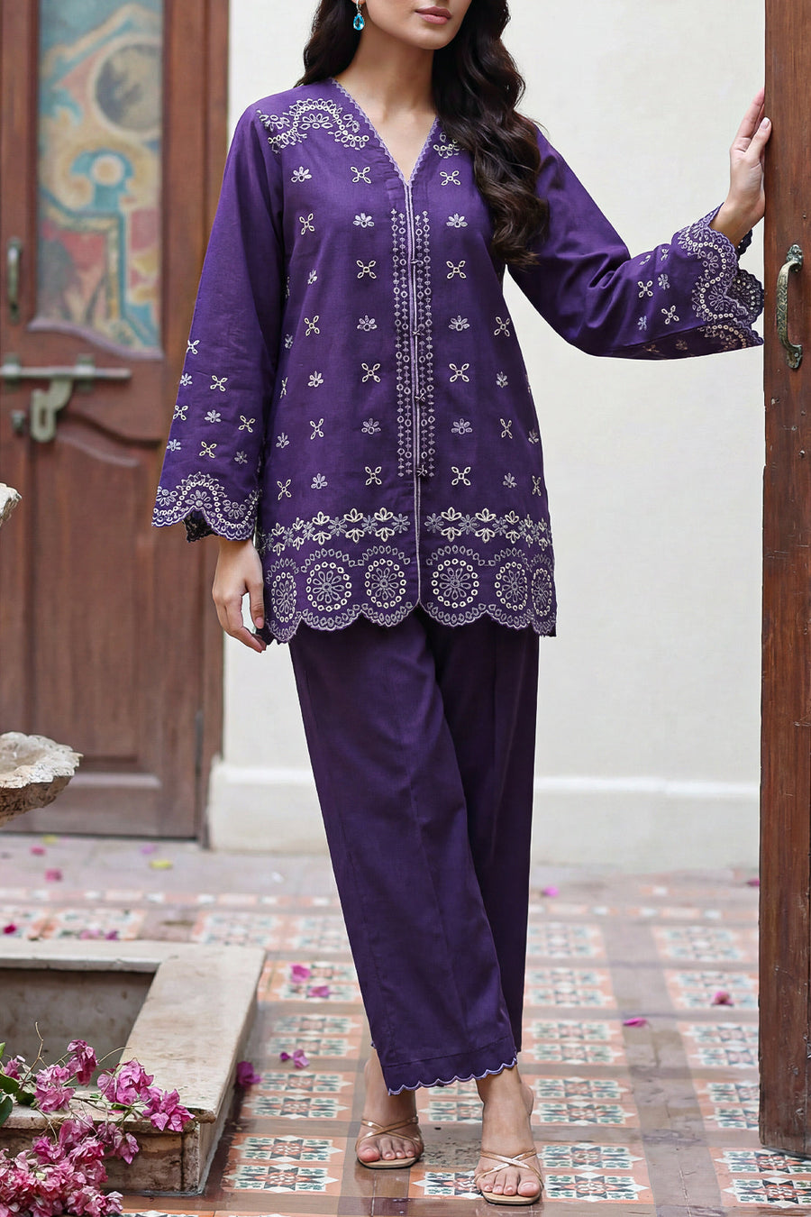 Solid Embroidered Poplin Stitched 2 piece (Shirt/Trouser) - Pehnaawaa