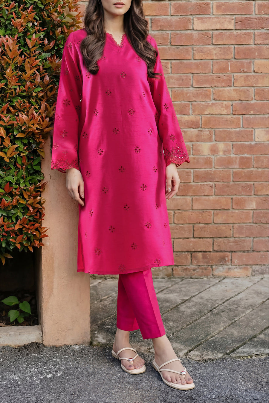 Solid Embroidered Korean Silk Stitched 2 Piece (Shirt/Trouser) - Pehnaawaa