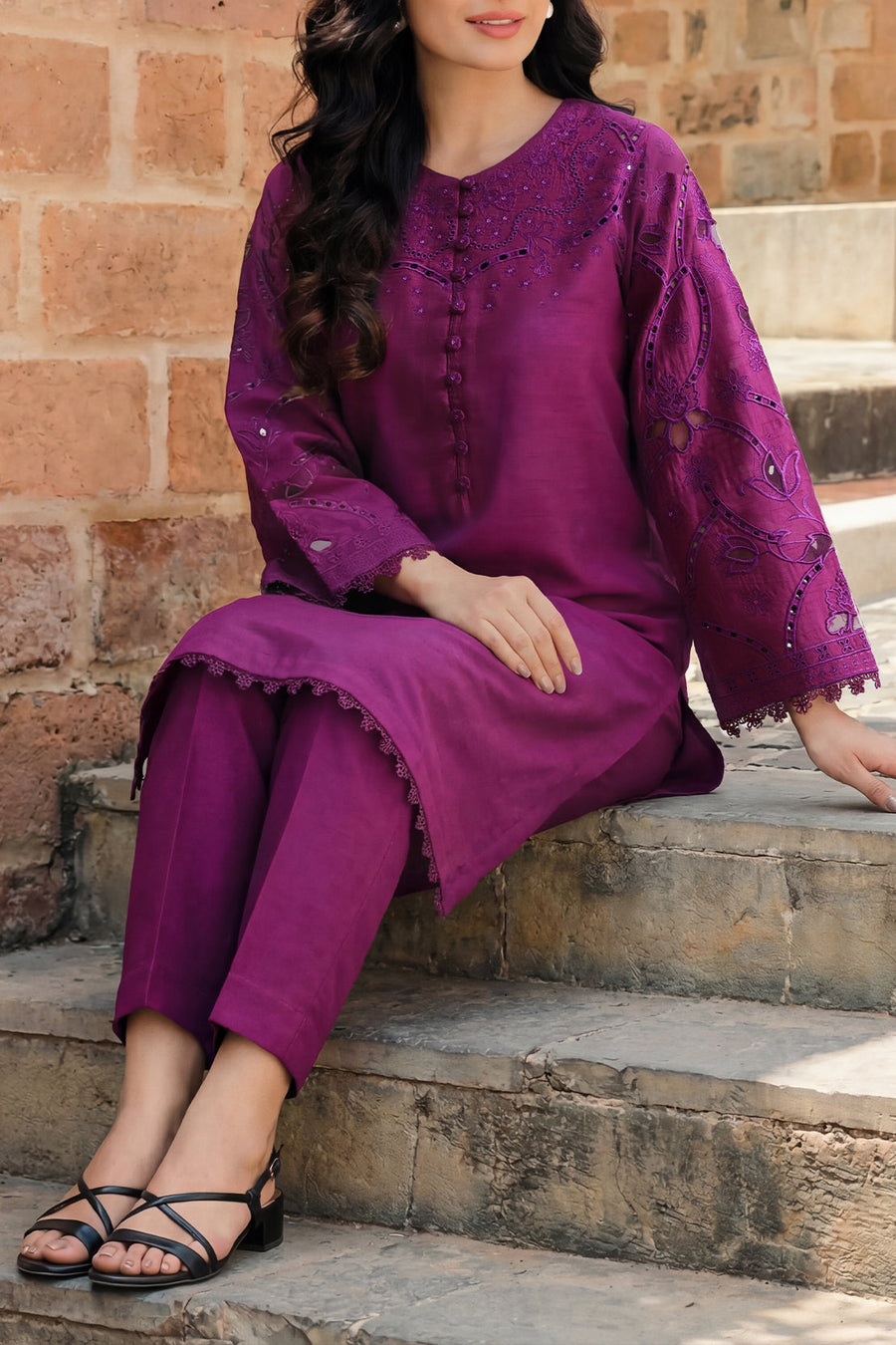 Solid Embroidered Korean Silk Stitched 2 Piece (Shirt/Trouser) - Pehnaawaa