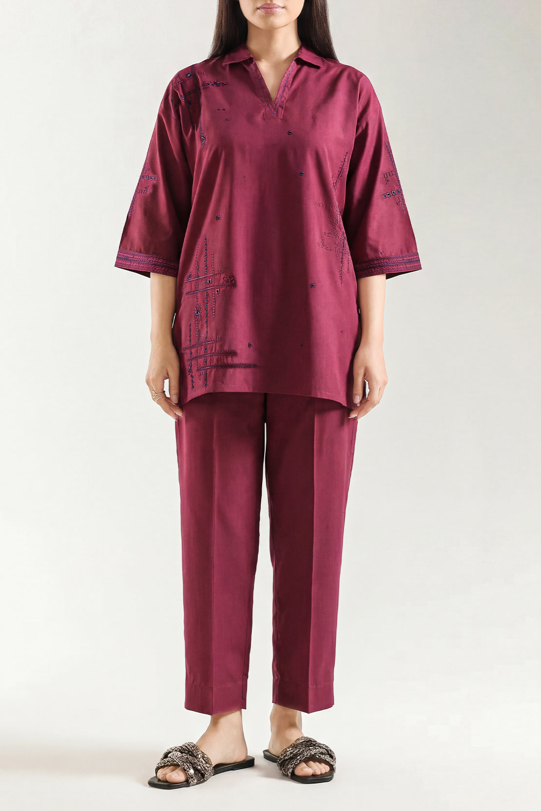 Maroon Polyester Embroidered | 2-Piece