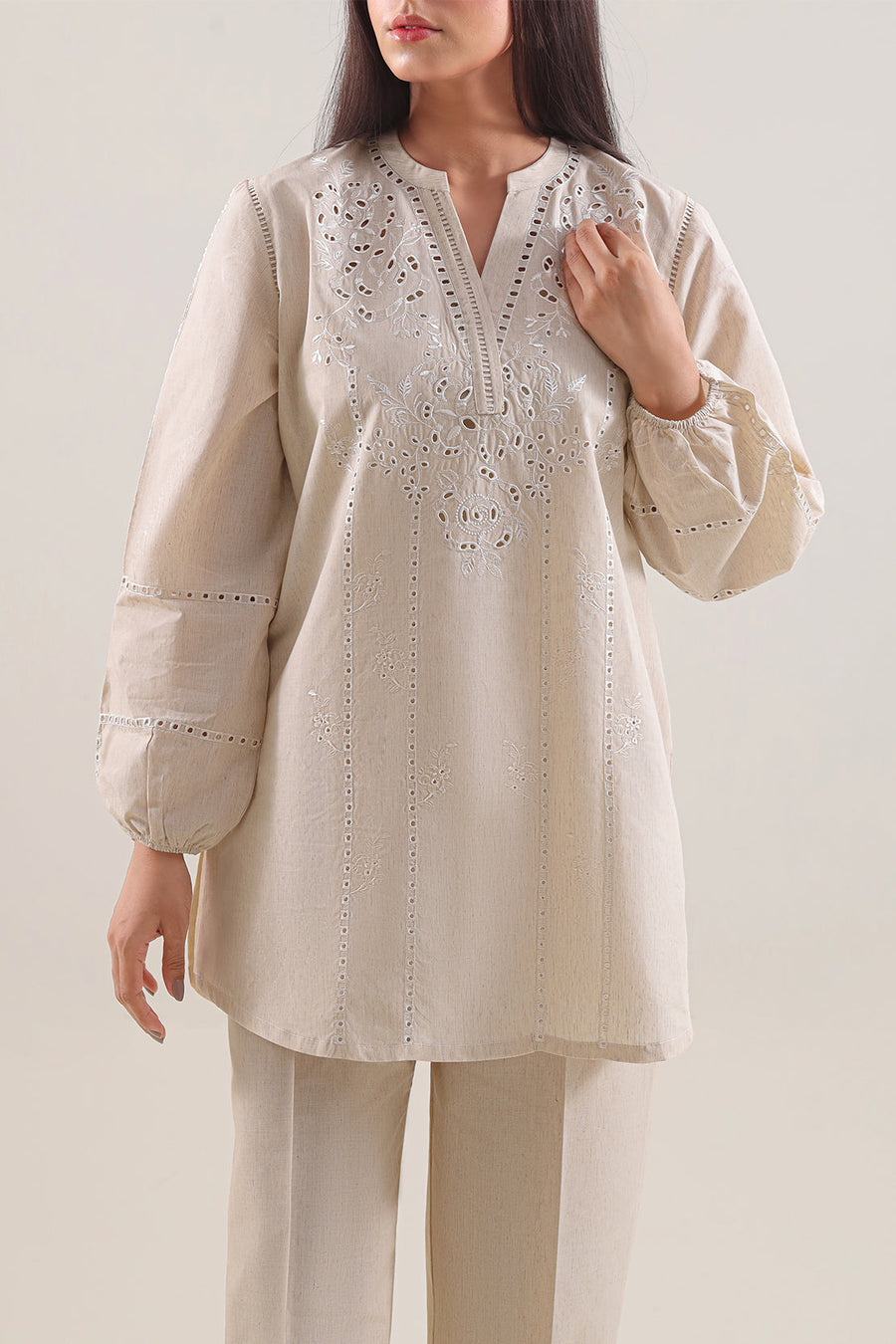 Solid Embroidered Cotton Linen Stitched 2 Piece (Shirt/Trouser) - Pehnaawaa