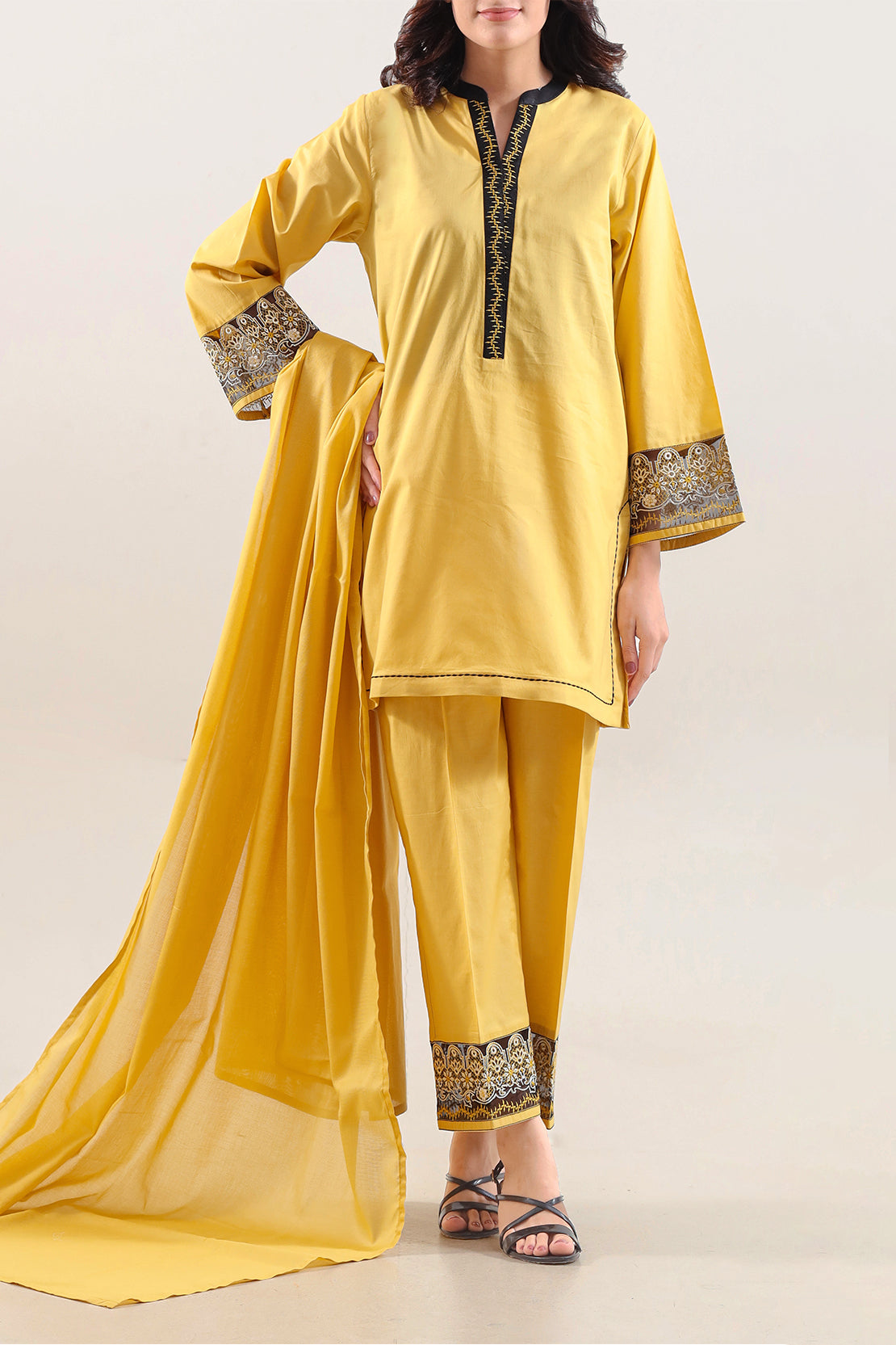 Solid Embroidered Cotton Stitched 3 Piece