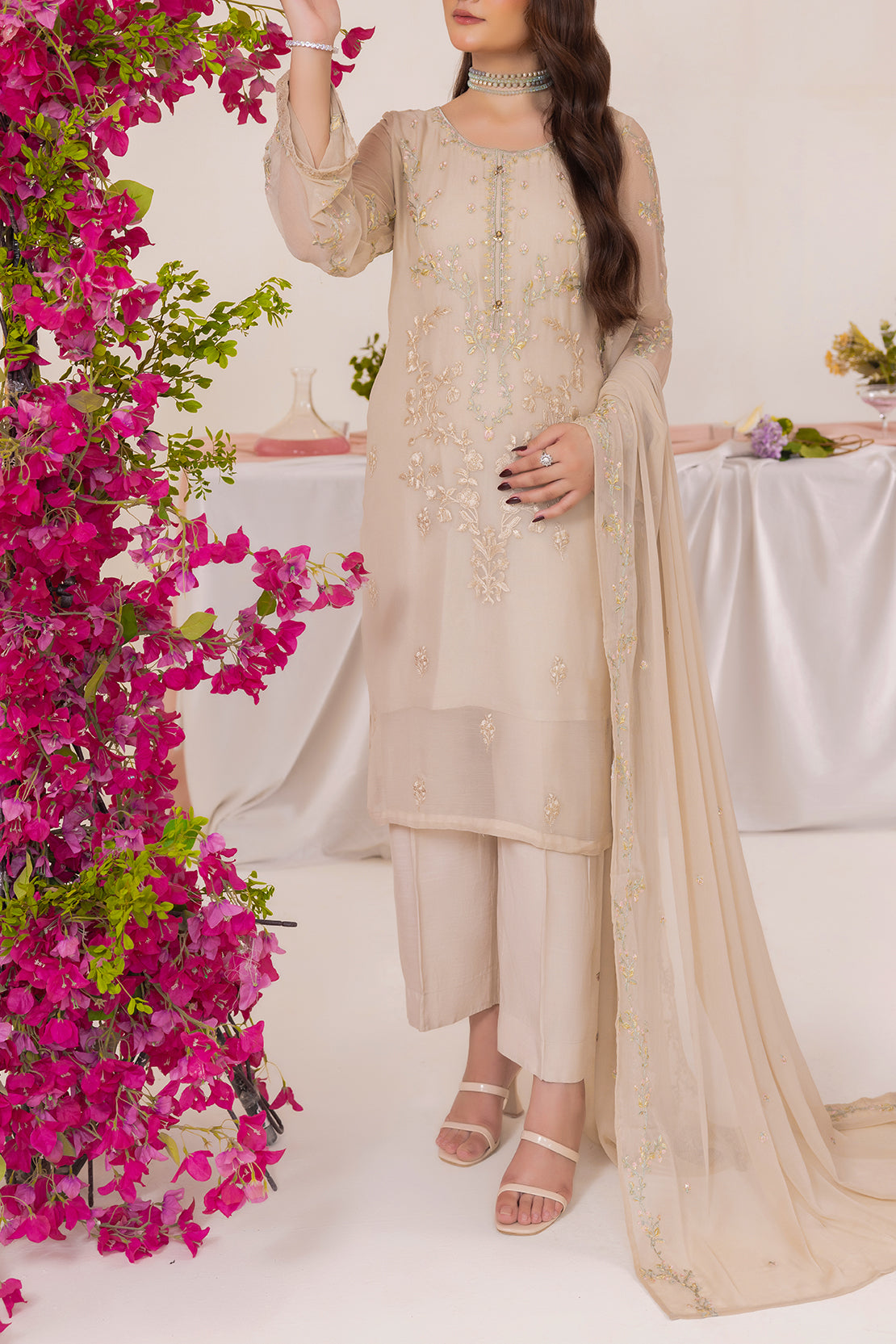 Solid Embroidered Stitched Chiffon Shirt