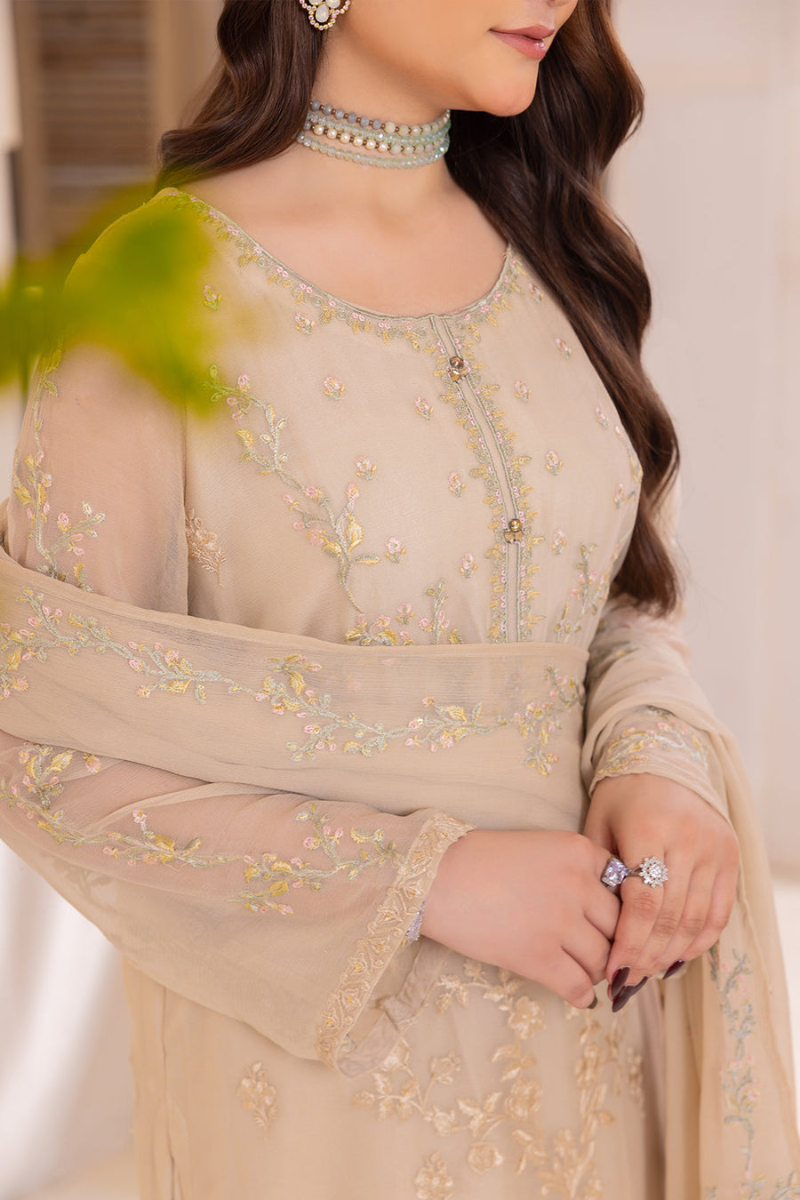 Solid Embroidered Stitched Chiffon Shirt - Pehnaawaa