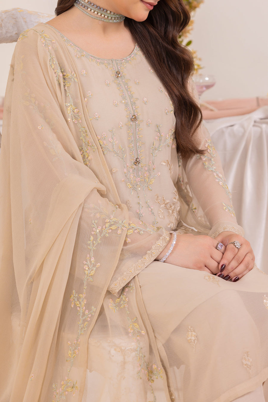 Solid Embroidered Stitched Chiffon Shirt - Pehnaawaa