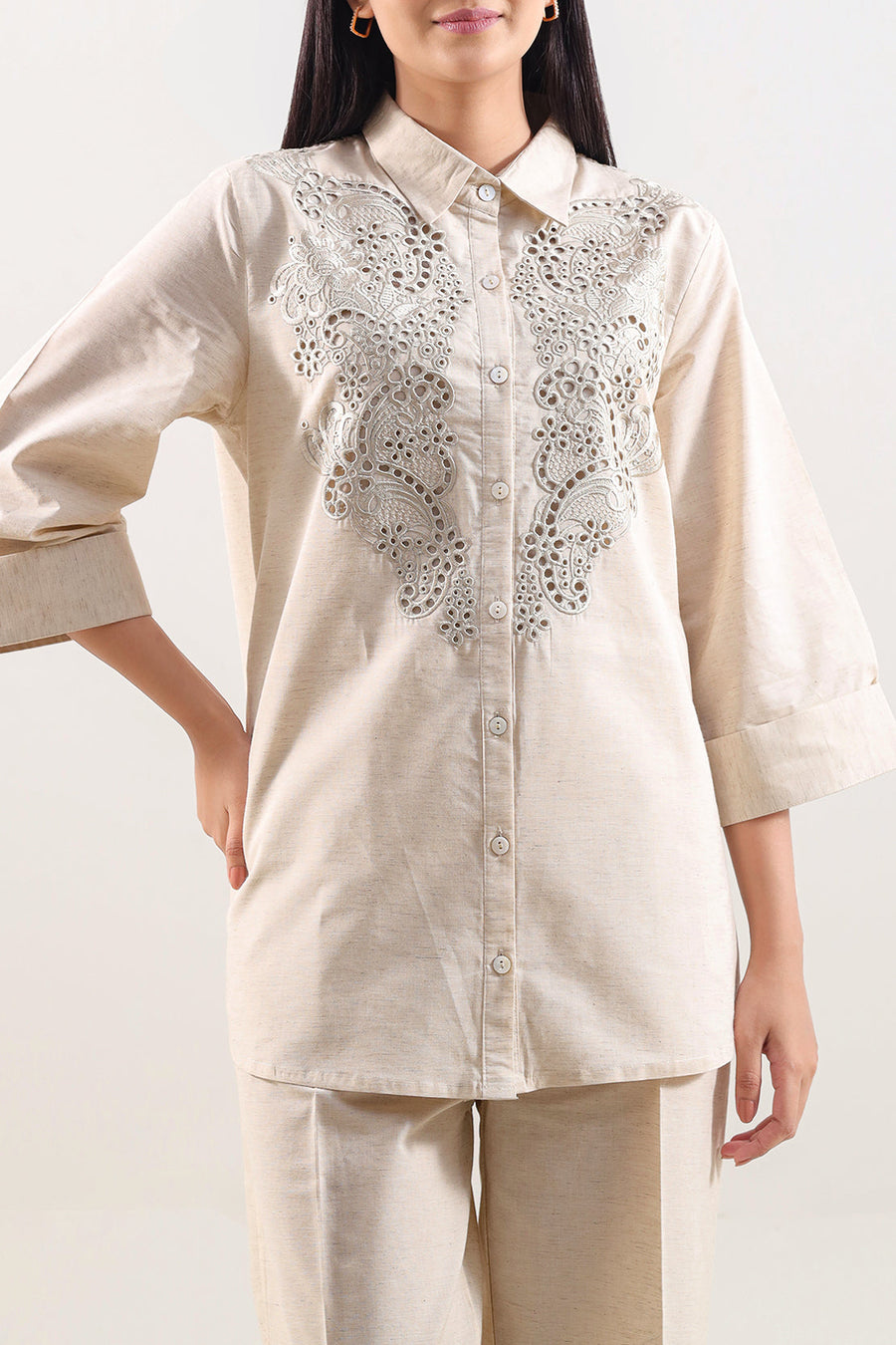 Solid Embroidered Cotton Linen Stitched 2 Piece (Shirt/Trouser) - Pehnaawaa