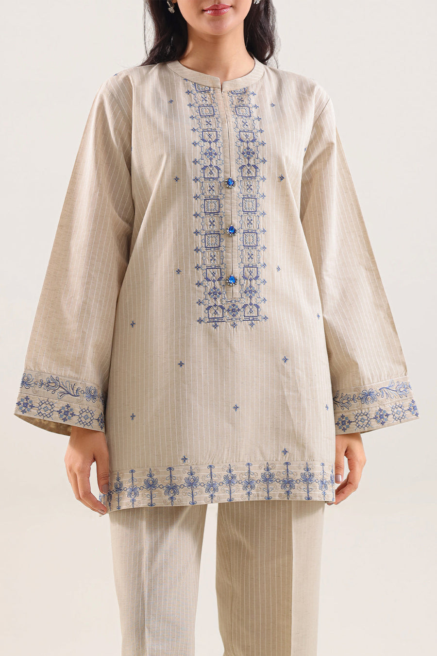 Beige Cotton Embroidered | Stitched 7302 137302 - Pehnaawaa