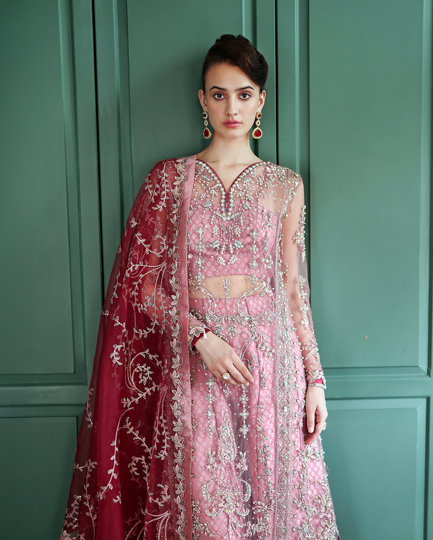 Close-up of the upper part of a pink formal dress showing detailed hand embroidery and silver sequins on sheer net fabric