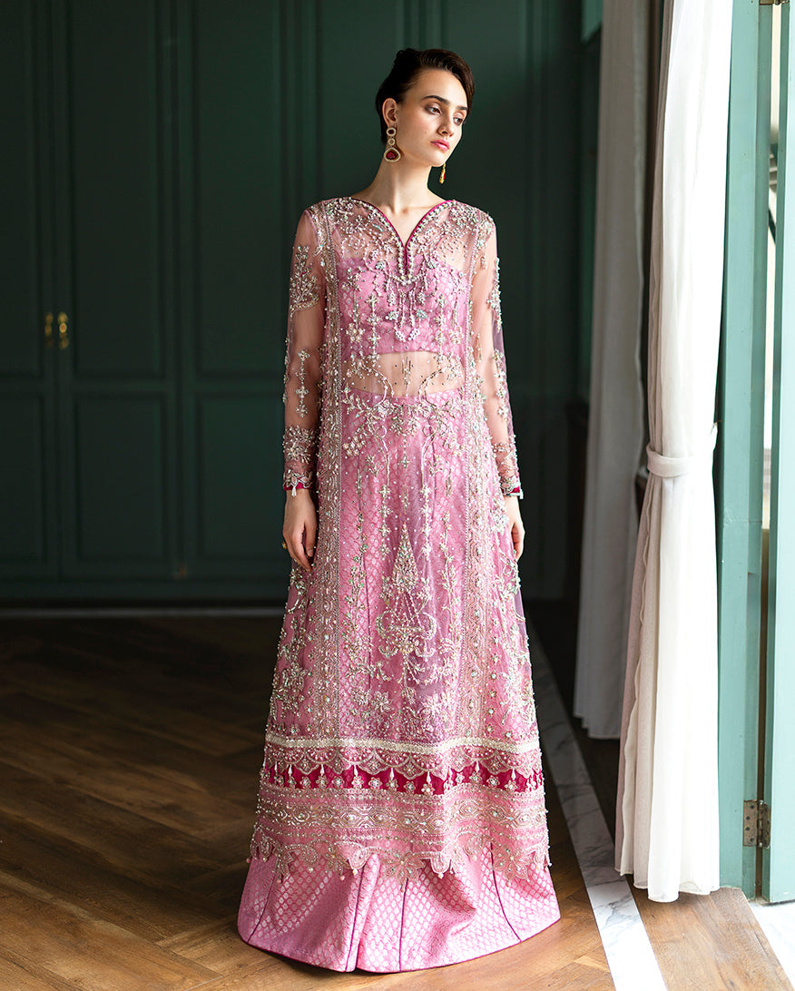 Front view of woman wearing full-length pink embroidered dress with sheer sleeves and intricate silver embellishments
