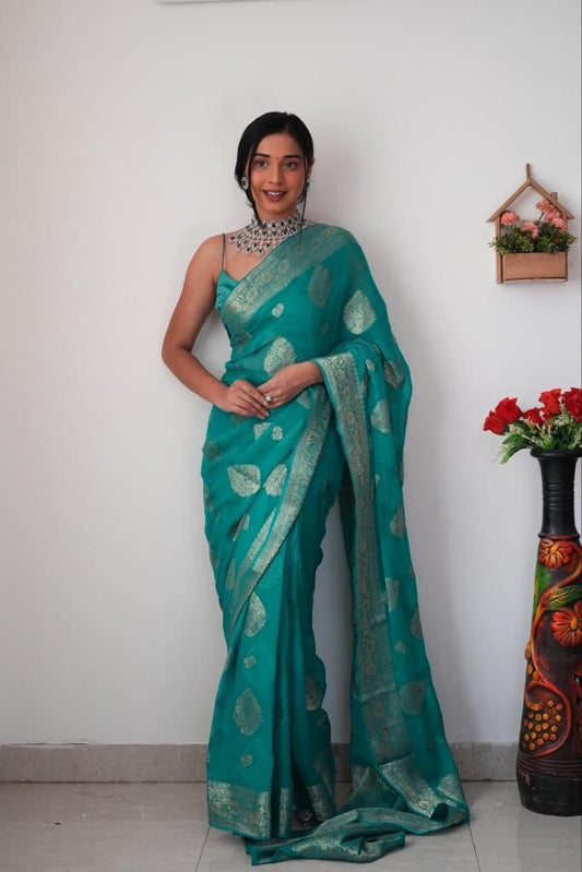 Mellifluous 1-Minute Ready To Wear Sea Green Soft Silk Saree