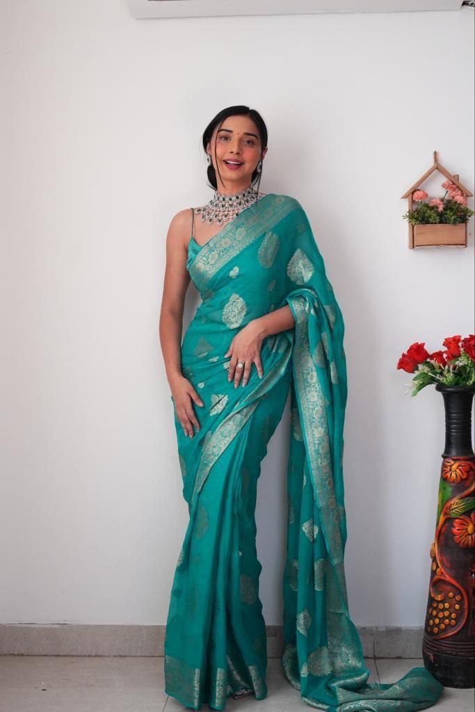 Mellifluous 1-Minute Ready To Wear Sea Green Soft Silk Saree