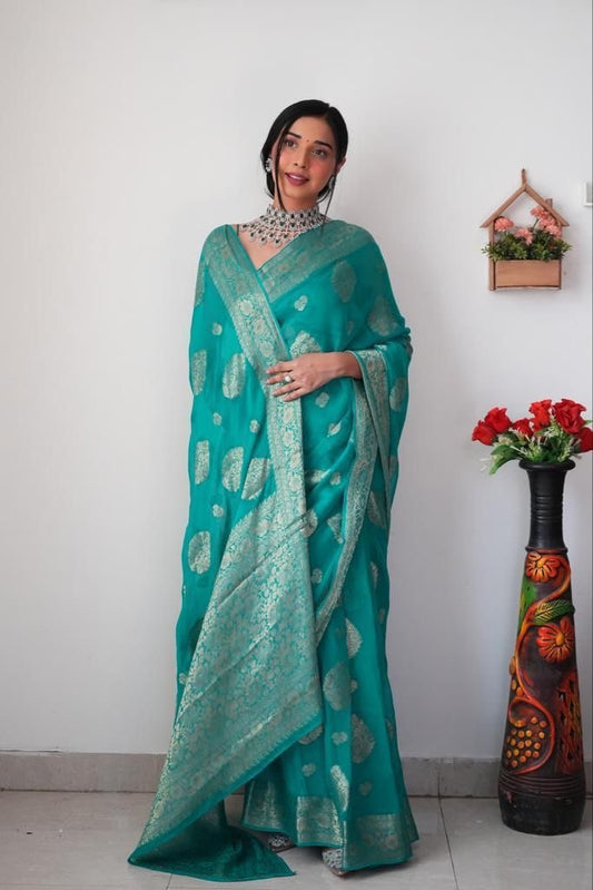 Sea Green Soft Silk 1-Minute Ready-to-Wear Saree - Pehnaawaa