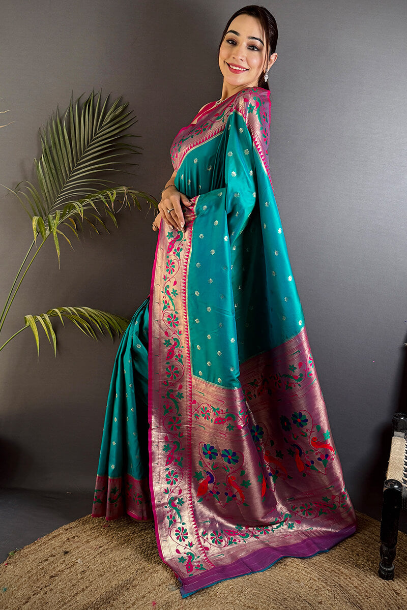 Fantabulous Firozi Paithani Silk Saree With Artistic Blouse Piece - Pehnaawaa