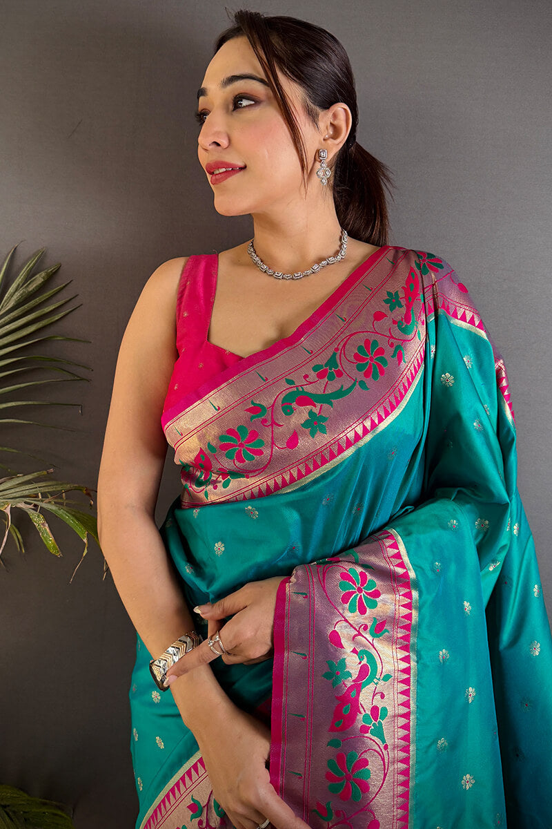 Fantabulous Firozi Paithani Silk Saree With Artistic Blouse Piece - Pehnaawaa
