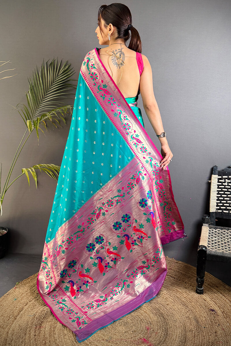 Fantabulous Firozi Paithani Silk Saree With Artistic Blouse Piece - Pehnaawaa