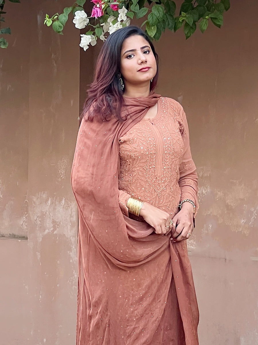 Sitara Chikankari Viscose Kurta Set with Dupatta - Brown