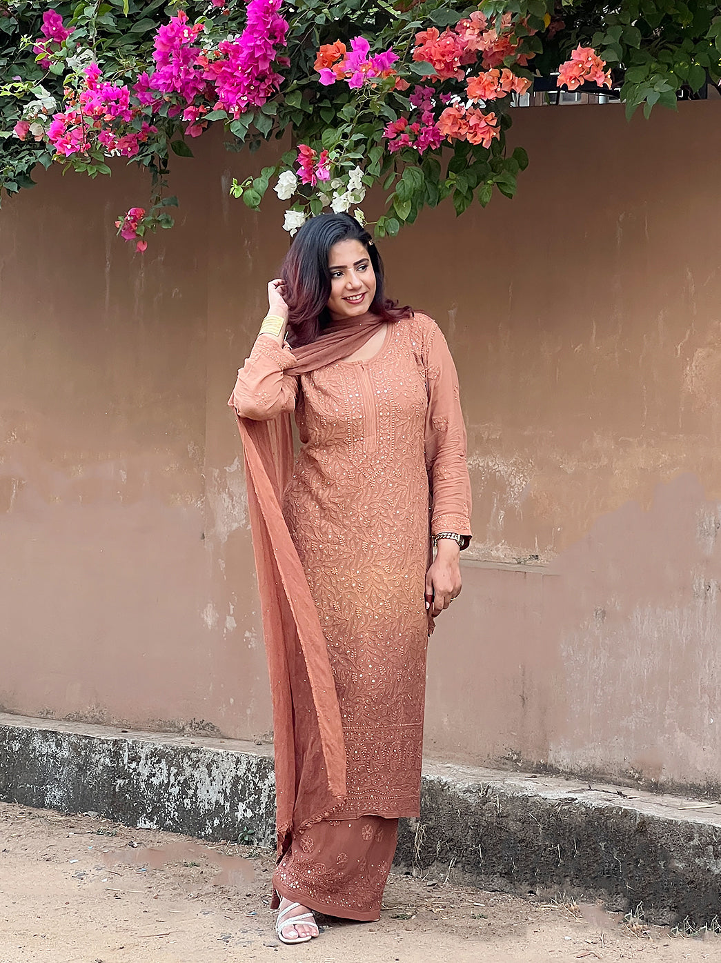 Sitara Chikankari Viscose Kurta Set with Dupatta - Brown